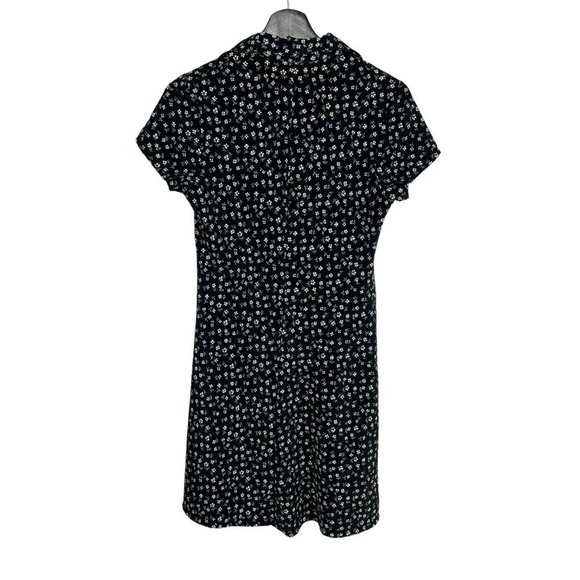 Vintage 90s Black White Micro Floral Short Sleeve Collared Knee Length Dress Sma - Picture 2 of 9
